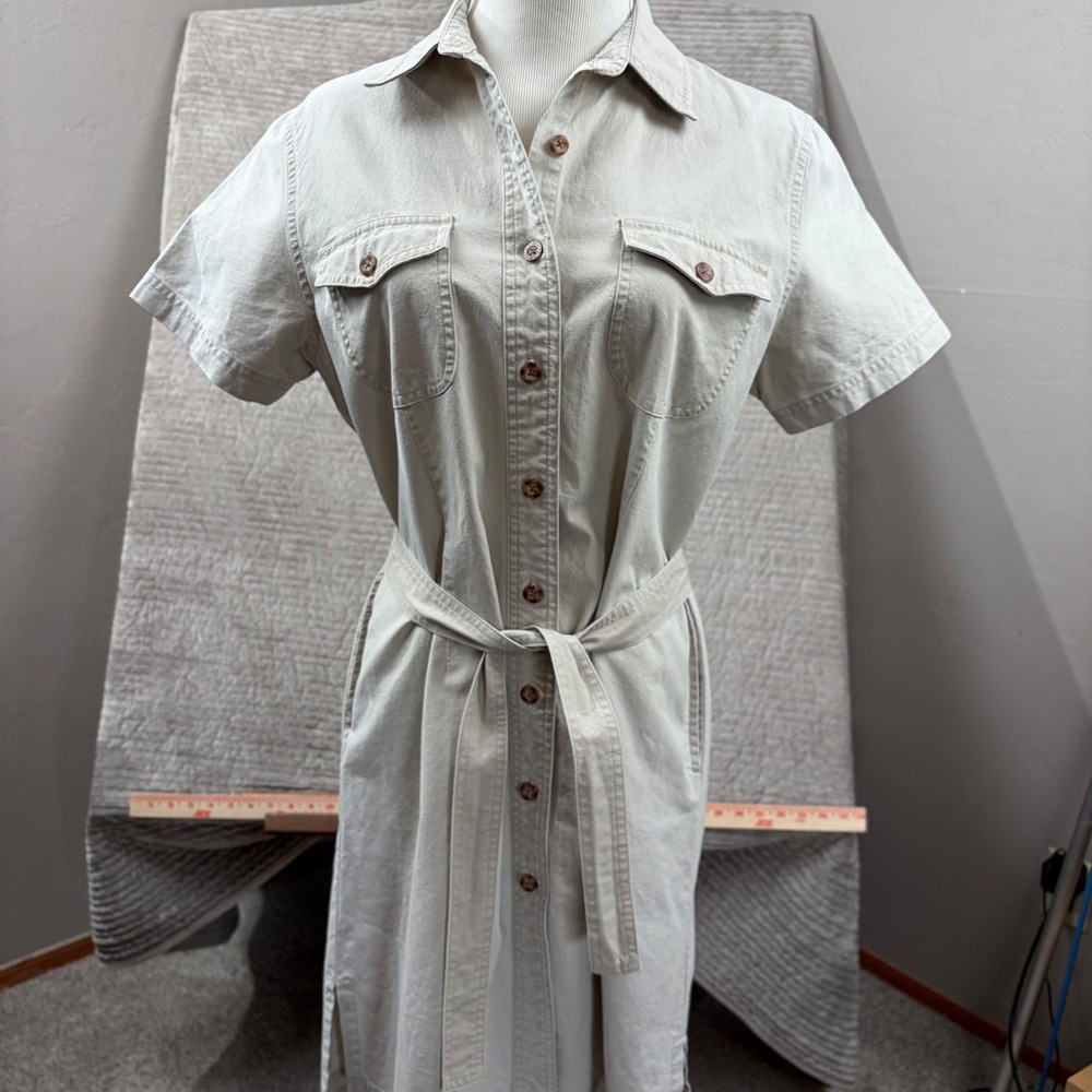 LL Bean 8 Petite Khaki Cotton Safari Shirt Dress Short Sleeve Belted‎ 0BP44